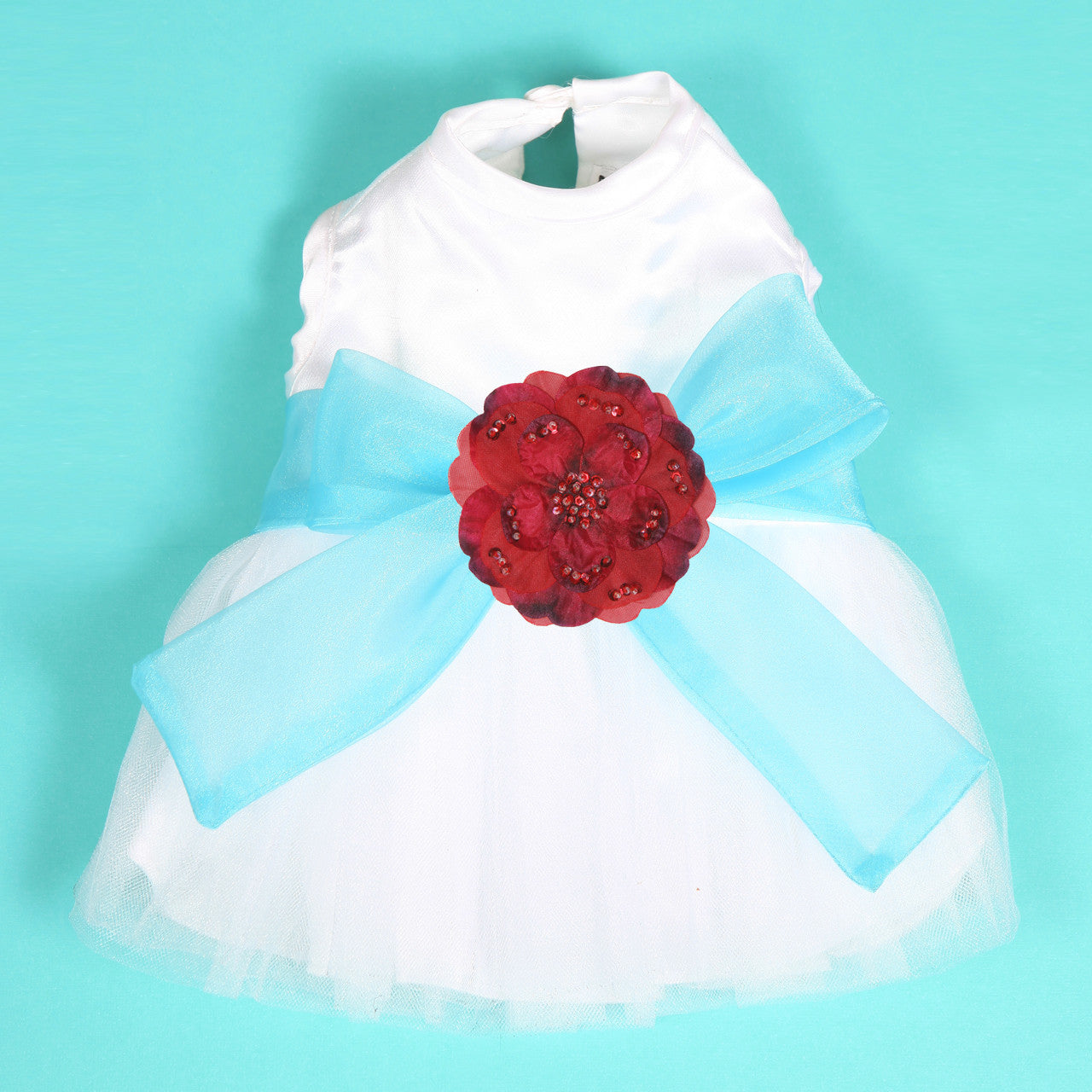 The Madeleine Dog Harness Dress with Aqua Sash