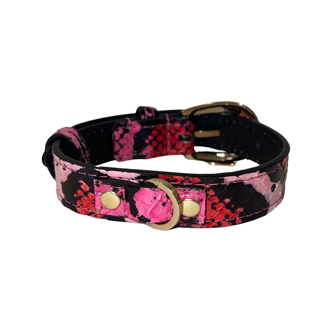 XS/S 7"-14" Fuchsia/Light Pink/Red & Black Snake Collar/Custom Gold Italian Hardware