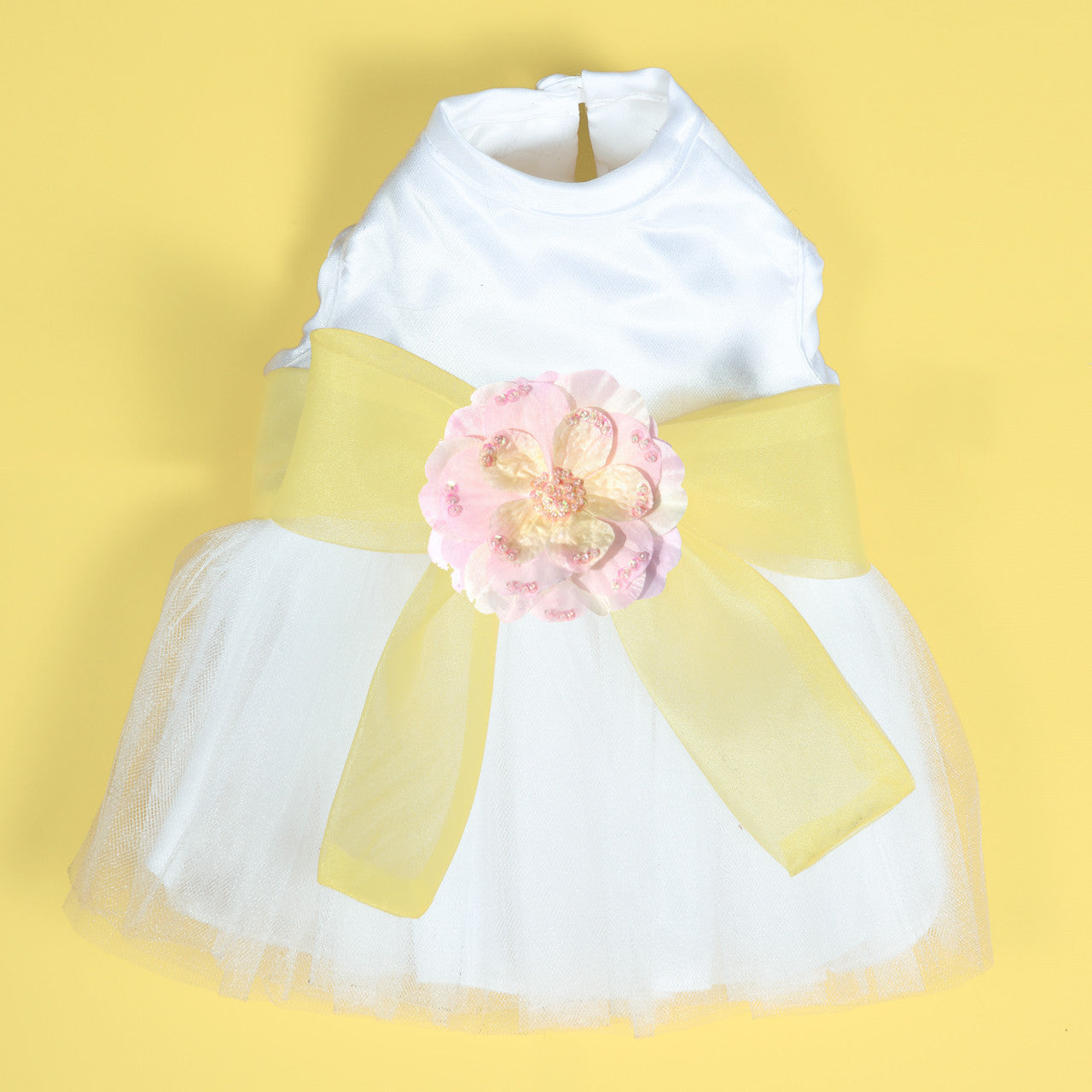 The Madeleine Harness Dog Dress with Yellow Sash