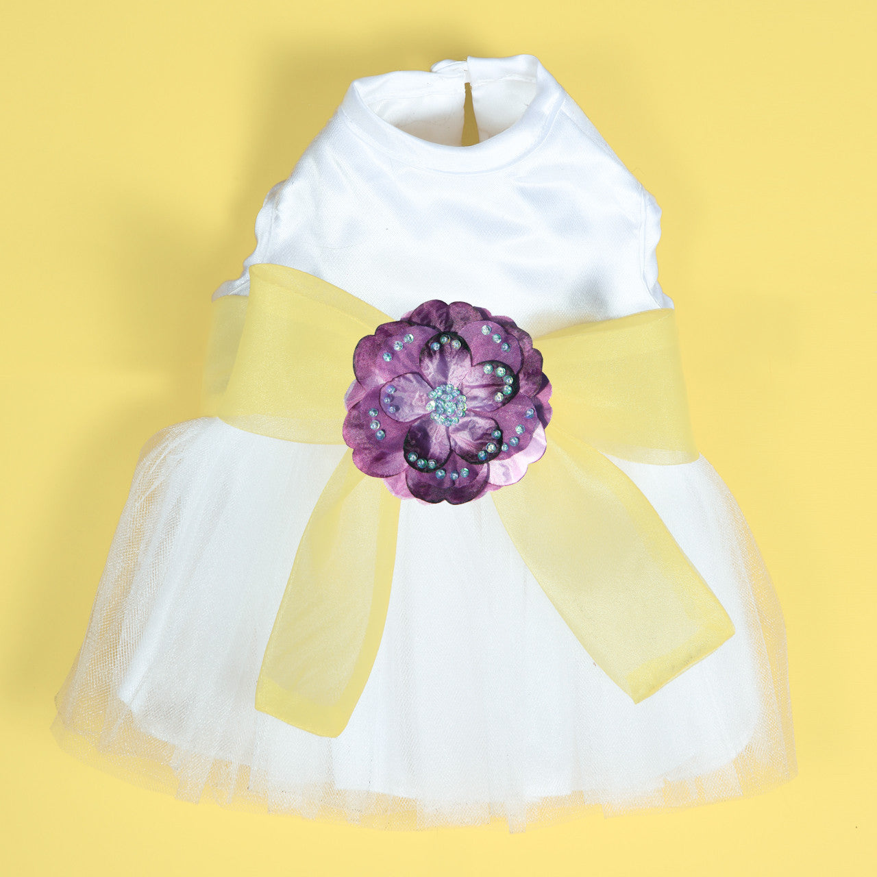 The Madeleine Harness Dog Dress with Yellow Sash