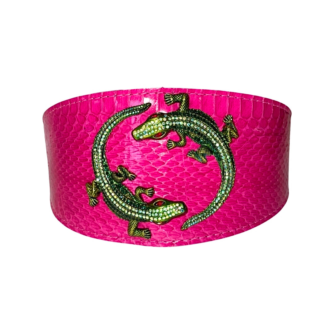 Allysa Payne Fuchsia Pink Snake Dog Collar With Green Rhinestone Alligators