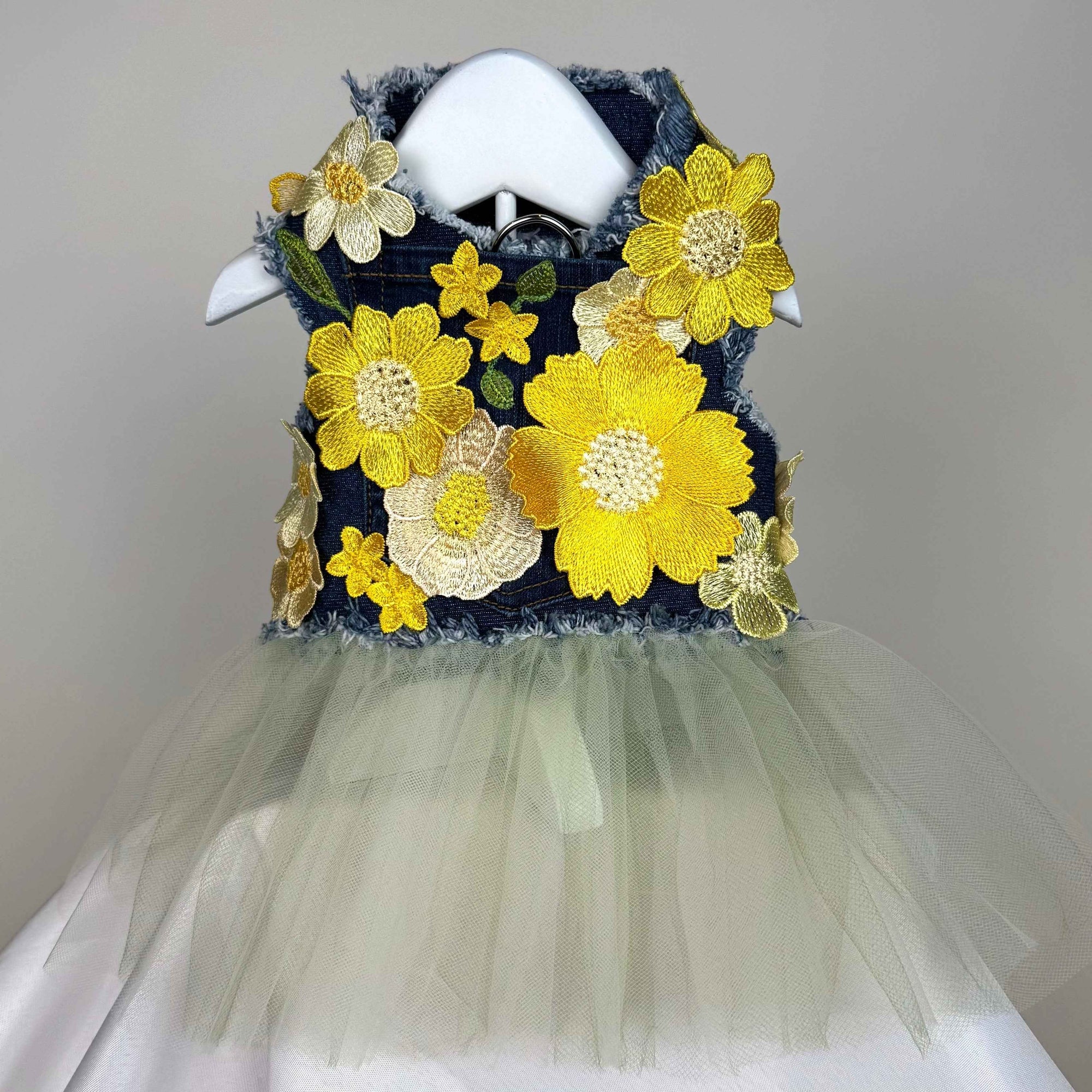 Heads or Tails Pup Lemon Chiffon Bouquet Denim Dog Dress