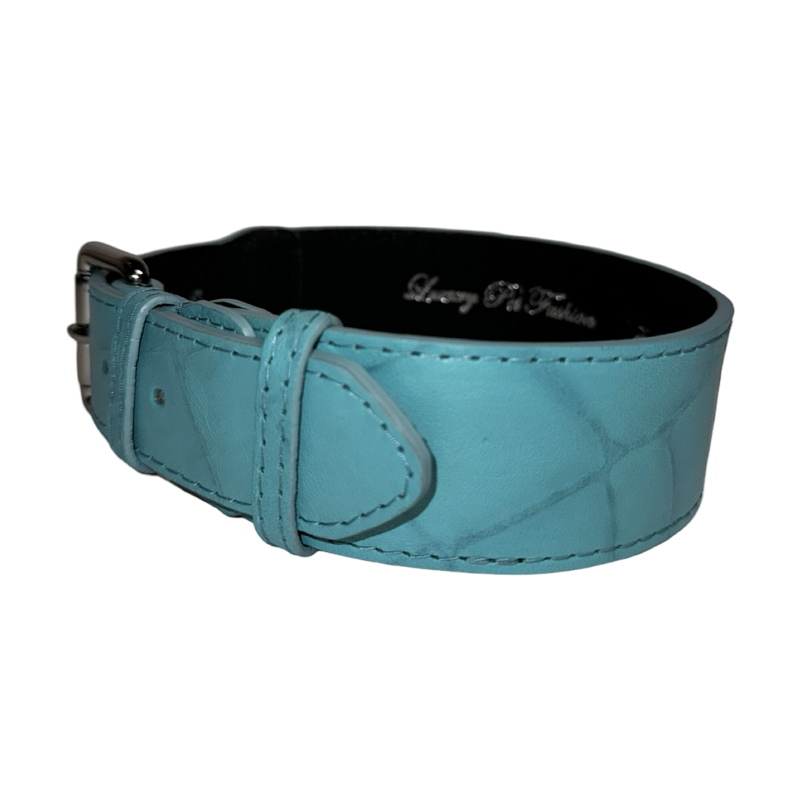 Allysa Payne The Tiffany Collection Turquoise Blue Embossed Croc Italian Leather Dog Collar, With Our Classic Silver Hardware