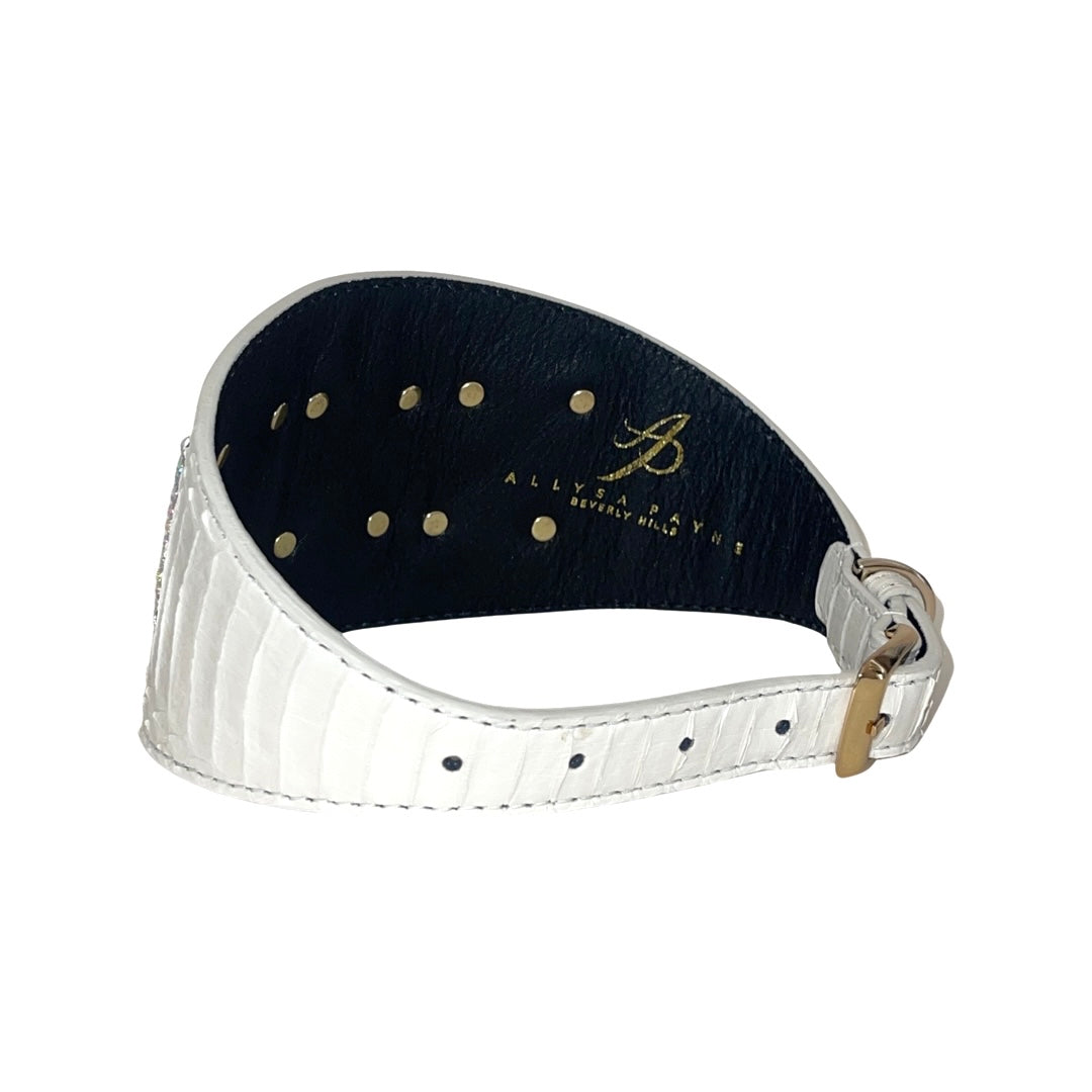 Allysa Payne Matte White Snake 4-Inch Wide Dog Collar With Our 3 Custom Swarovski Crystal Rivets