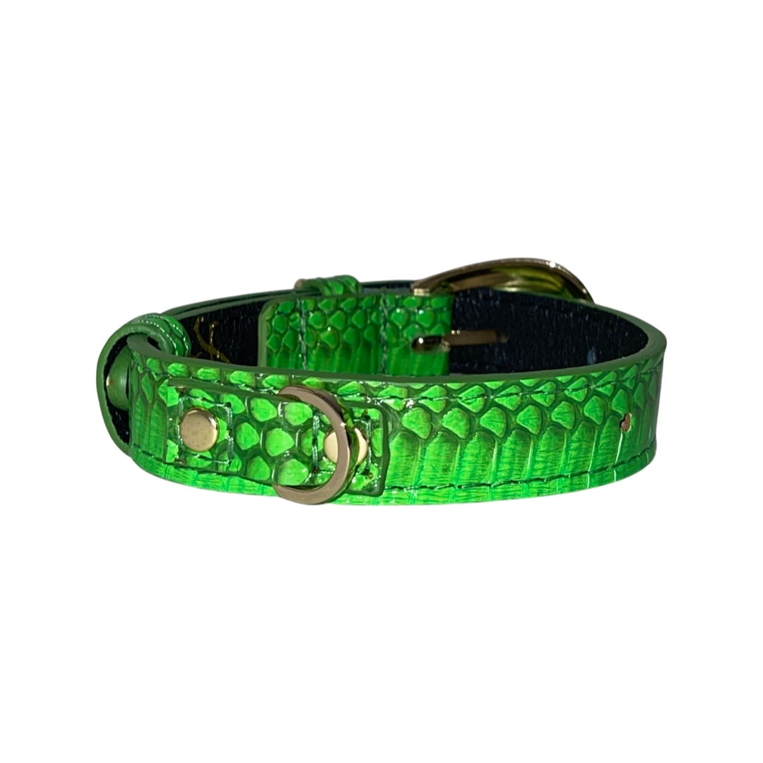 Allysa Payne XS/S 7"-14" Neon Green Custom Snake Dog Collar/Custom Gold Oval Italian Hardware & Swarovski Crystal Charm