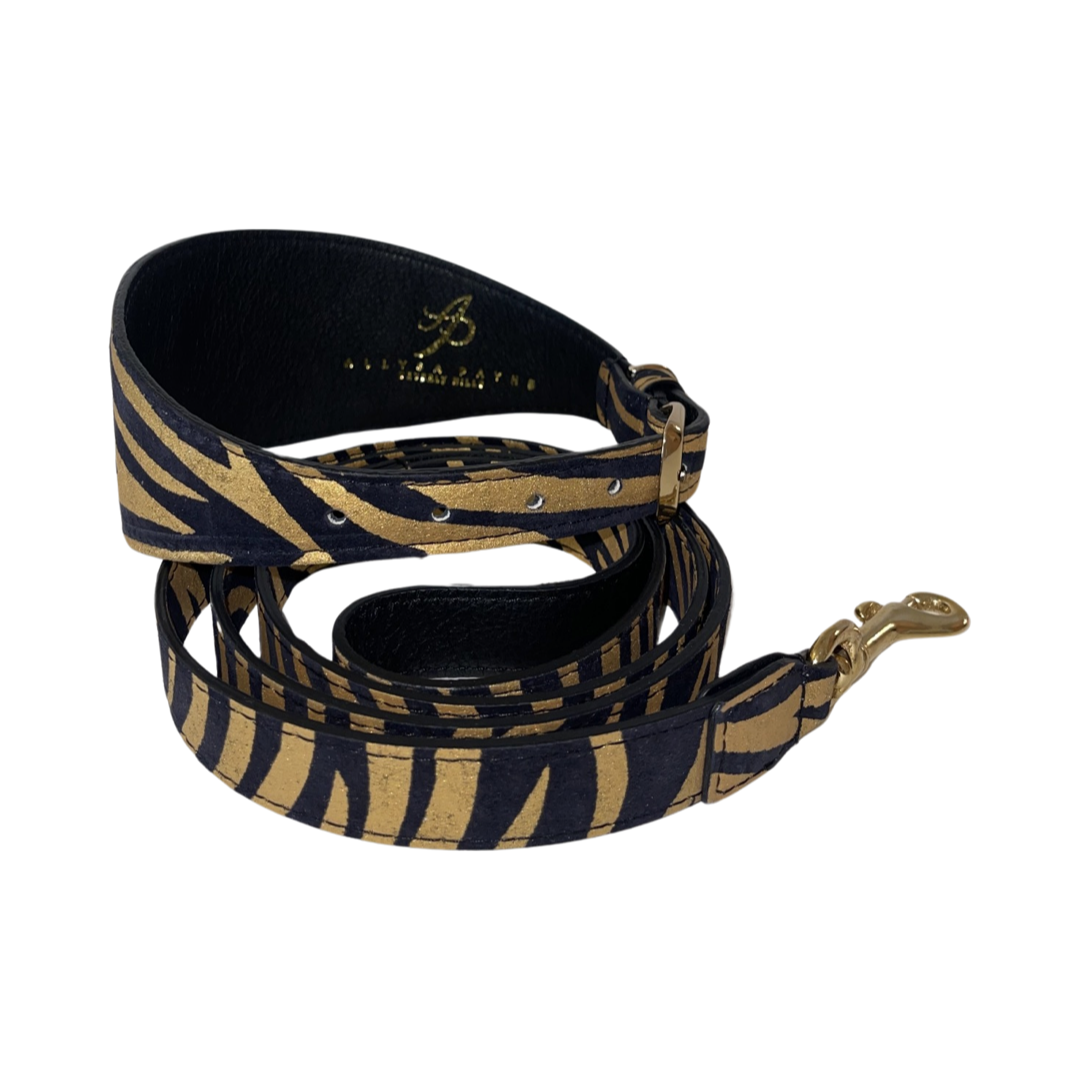 Allysa Payne Black & Gold Zebra Print Italian Leather Dog Collar & Leash Set