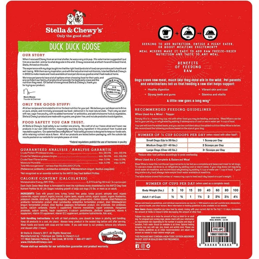 Stella & Chewys Freeze Dried Meal Mixers Duck Duck Goose Dog Food (18oz)