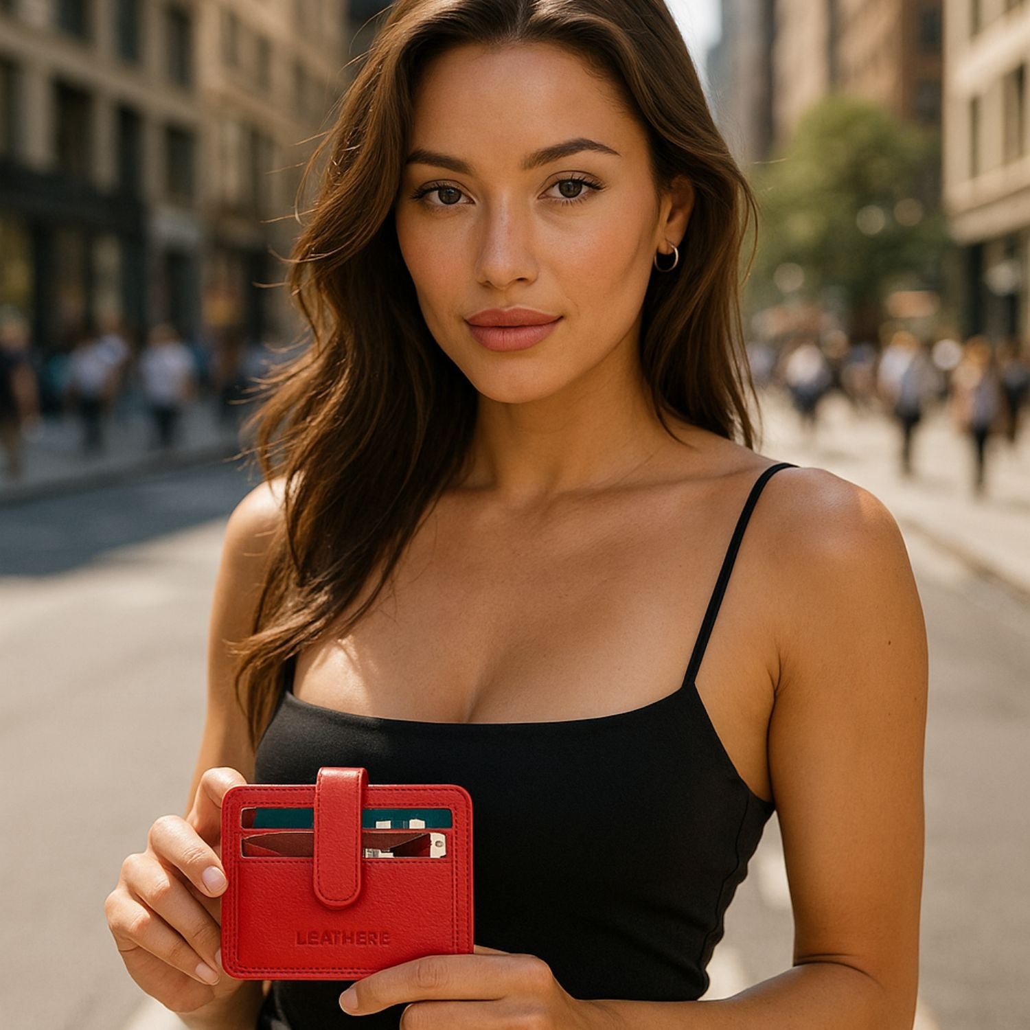 Leather Card Holder Wallet with ID Window Red Miami
