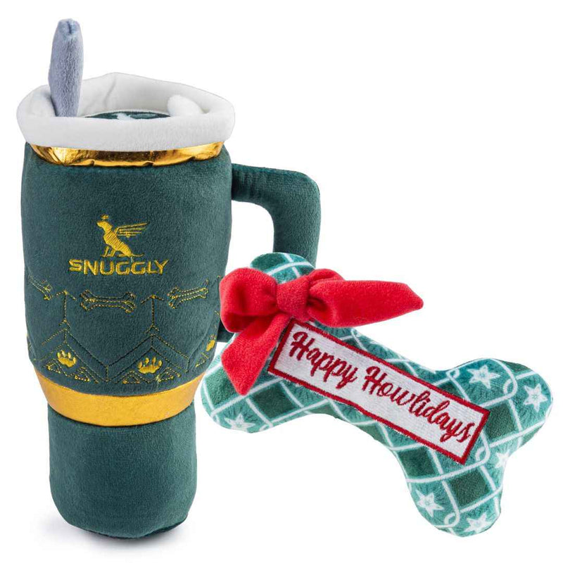 Haute Diggity Dog Snuggly Cup Holiday Green & Green Stars Bone Christmas Plush Dog Toy