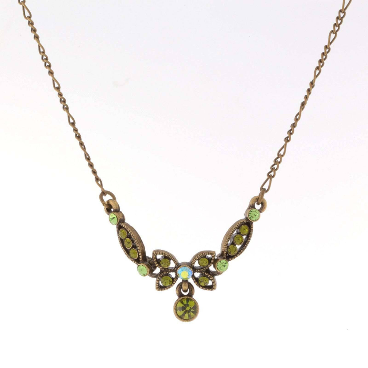 1928 Jewelry Butterfly Green Ab Crystal Pendant Necklace 16 Inch with 3 Inch Extender