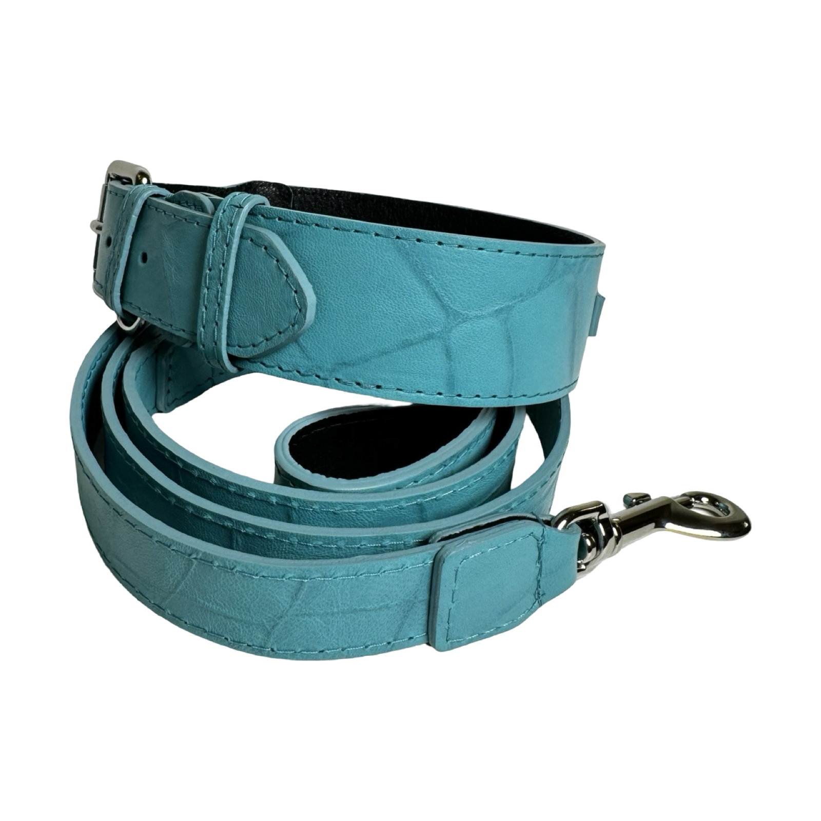 Allysa Payne The Tiffany Collection Turquoise Blue Embossed Croc Italian Leather , With Our Classic Silver Hardware Dog Collar & Leash Set