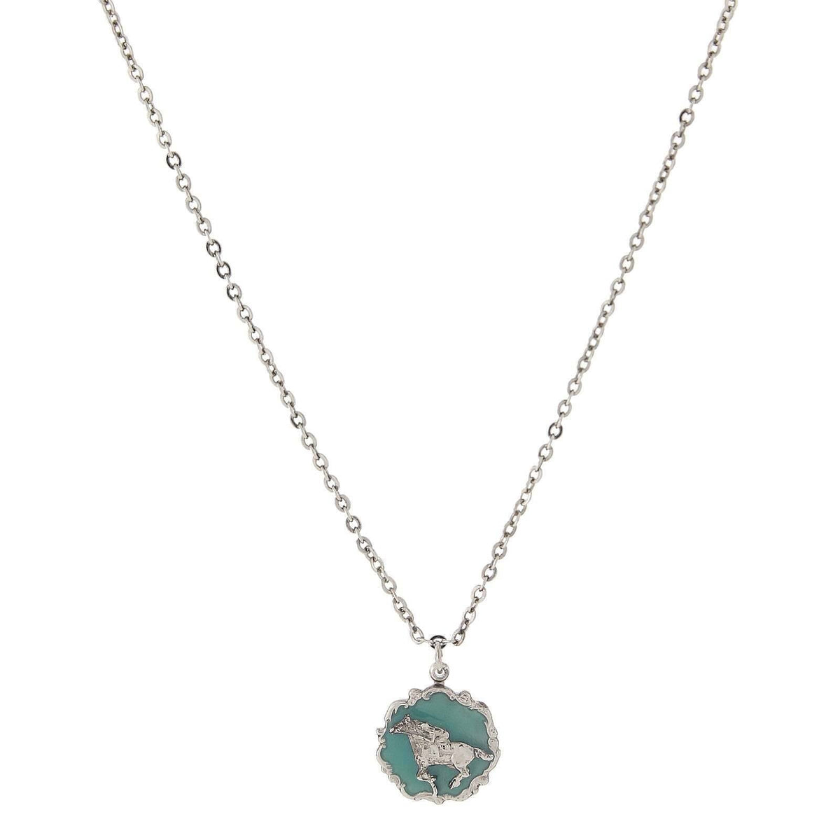 1928 Jewelry Turquoise Color Enamel Horse Pendant Necklace 16 Inch with 3 Inch Extender