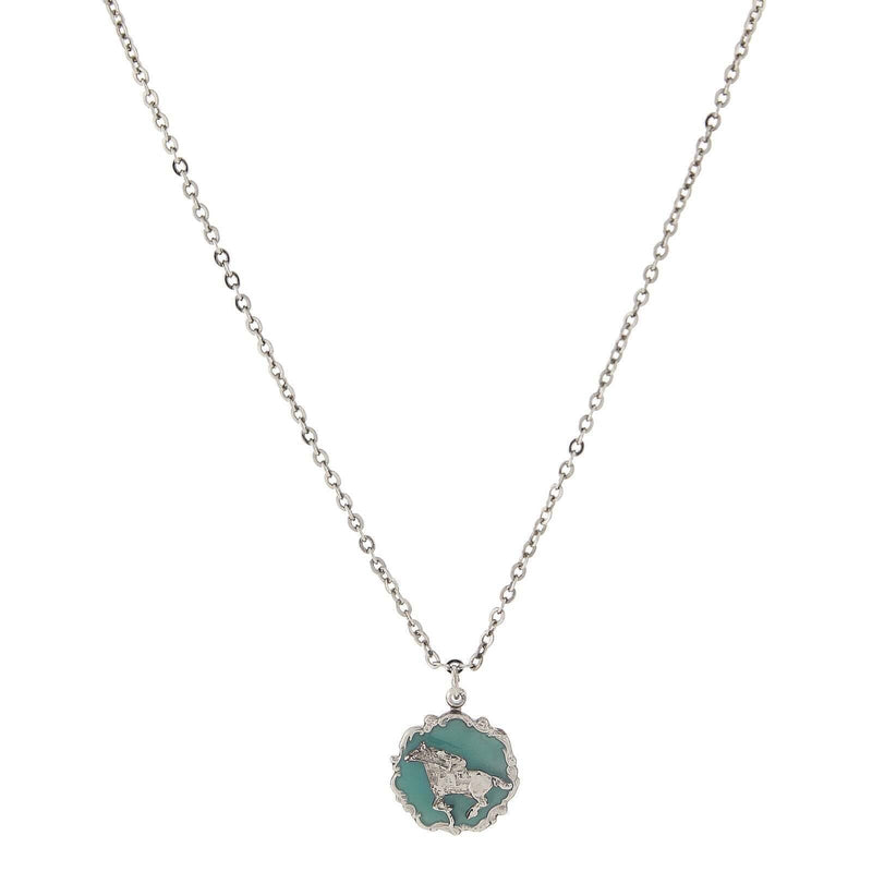 1928 Jewelry Turquoise Color Enamel Horse Pendant Necklace 16 Inch with 3 Inch Extender