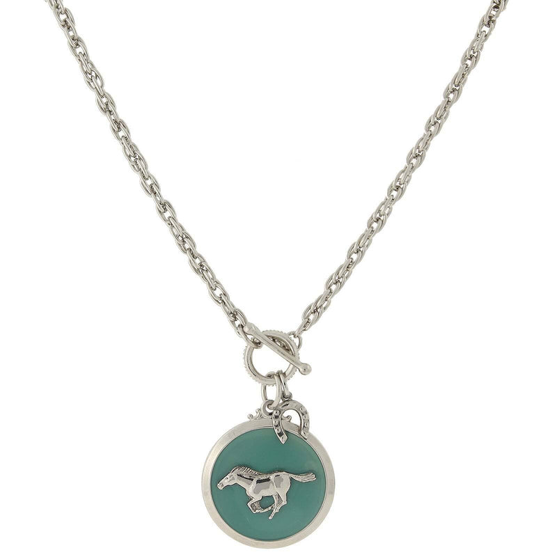 1928 Jewelry Turquoise Color Enamel Horse Pendant Toggle Necklace 18 Inch