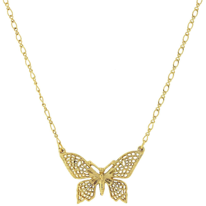 1928 Jewelry Gold Filigree Butterfly Pendant Necklace 16 Inch with 3 Inch Extender
