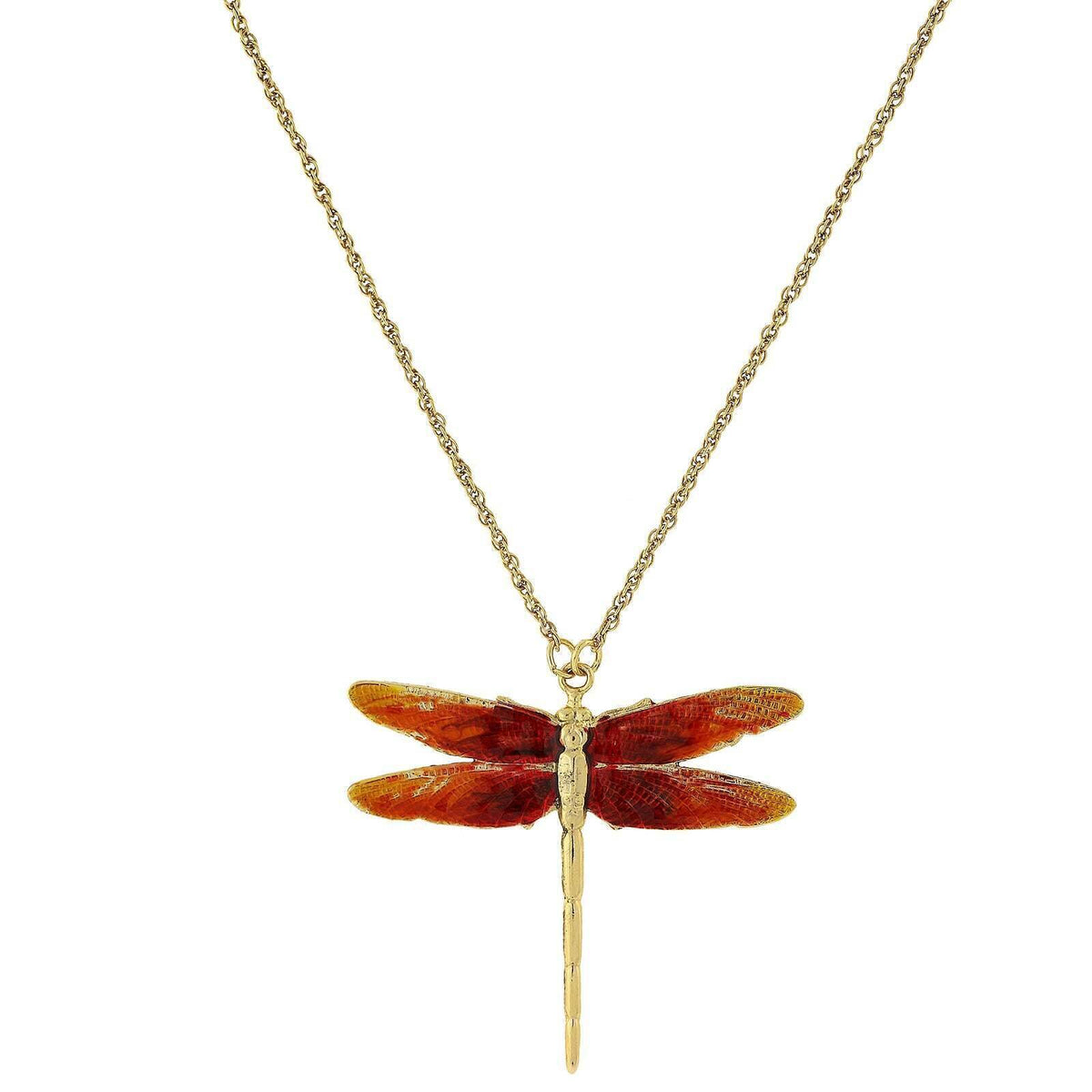 1928 Jewelry Orange Enamel Dragonfly Pendant Necklace 16 Inch with 3 Inch Extender