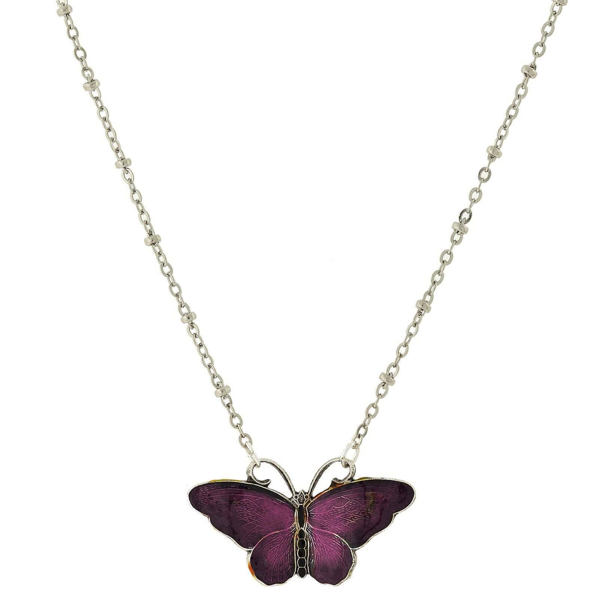 1928 Jewelry Butterfly's Dance Enamel Pendant Necklace 16 Inch with 3 Inch Extender