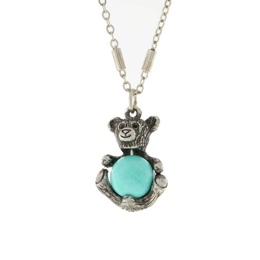 1928 Jewelry Pewter Round Gemstone Teddy Bear Pendant Necklace 16 Inch with 3 Inch Extender