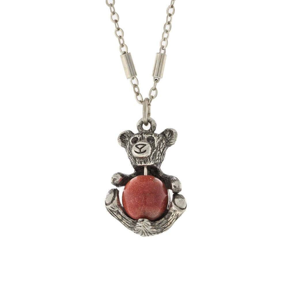 1928 Jewelry Pewter Round Gemstone Teddy Bear Pendant Necklace 16 Inch with 3 Inch Extender