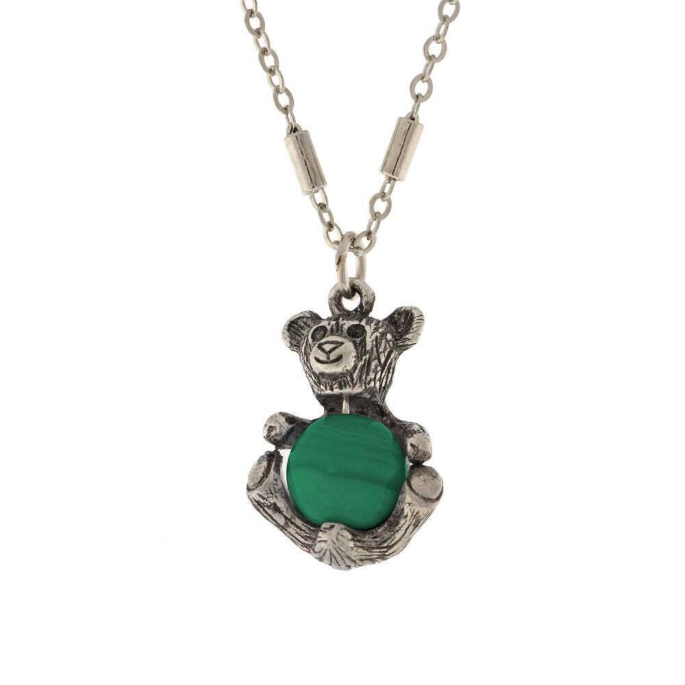 1928 Jewelry Pewter Round Gemstone Teddy Bear Pendant Necklace 16 Inch with 3 Inch Extender