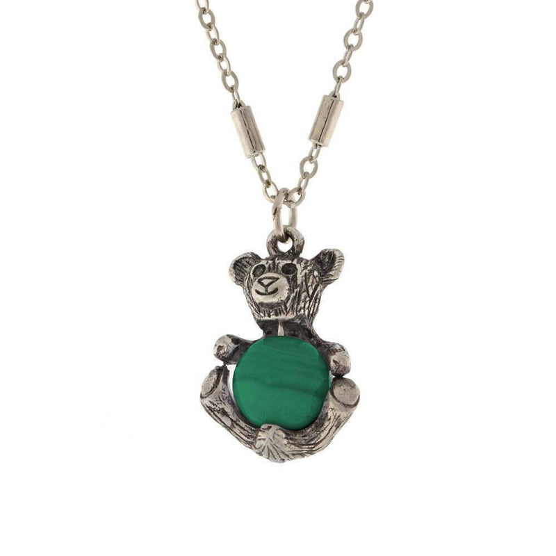 1928 Jewelry Pewter Round Gemstone Teddy Bear Pendant Necklace 16 Inch with 3 Inch Extender