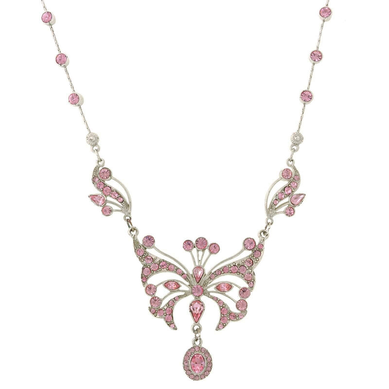 1928 Jewelry Silver With Pink Austrian Crystal Butterfly Pendant Necklace 15 Inch with 3 Inch Extender In Box