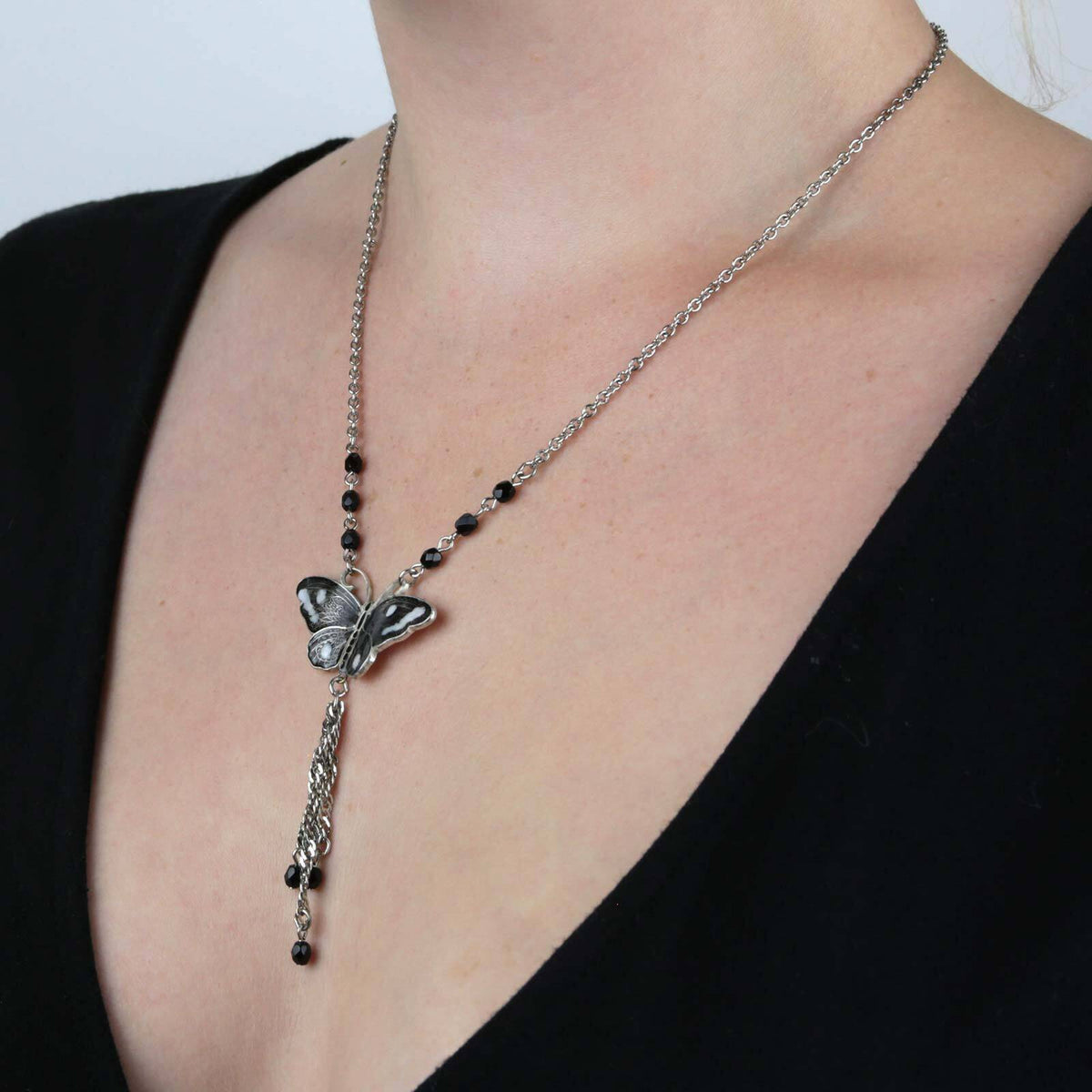 1928 Jewelry Enamel Butterfly Tassel Necklace 16 Inch with 3 Inch Extender