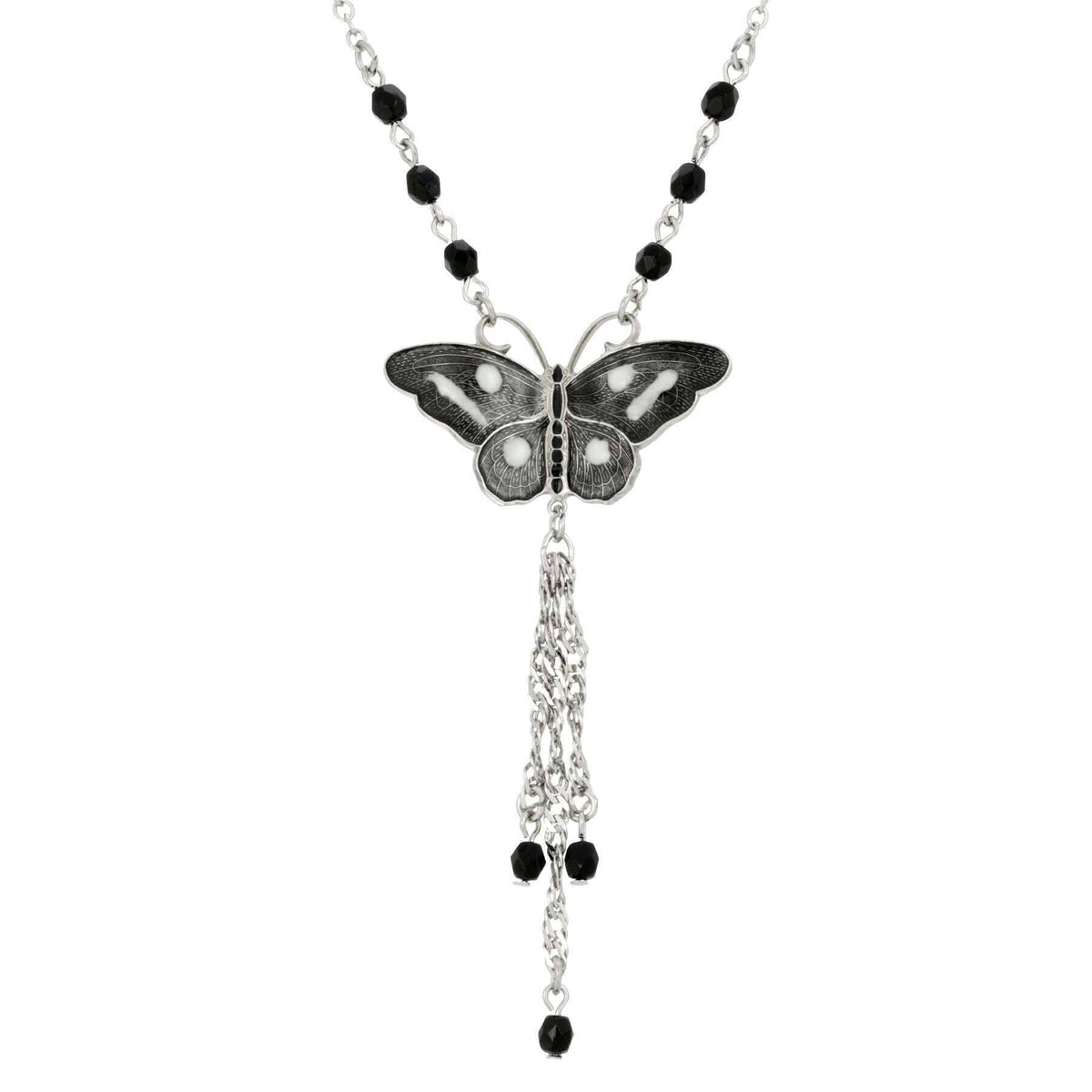 1928 Jewelry Enamel Butterfly Tassel Necklace 16 Inch with 3 Inch Extender