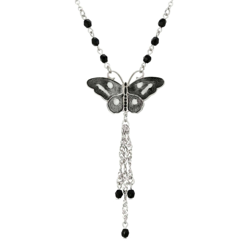 1928 Jewelry Enamel Butterfly Tassel Necklace 16 Inch with 3 Inch Extender