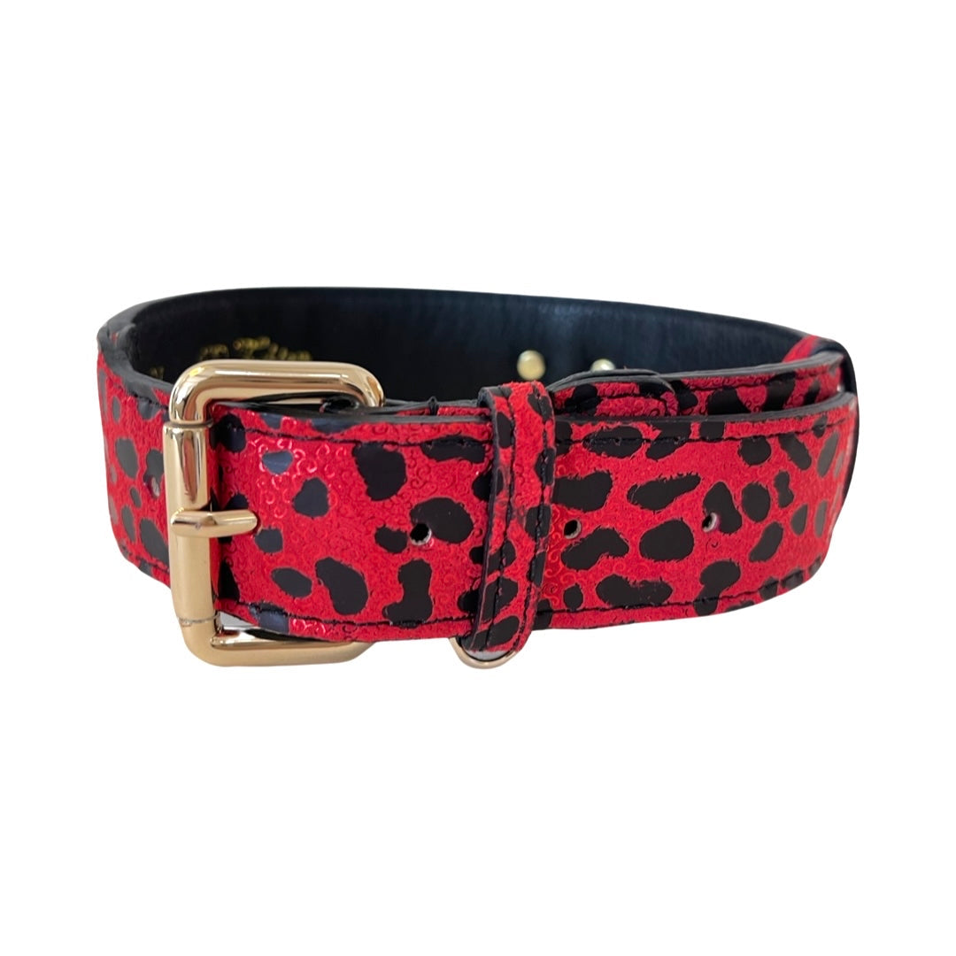 Allysa Payne Red & Black Leopard Print Italian Leather Classic Dog Collar
