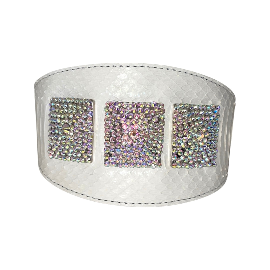 Allysa Payne Matte White Snake 4-Inch Wide Dog Collar With Our 3 Custom Swarovski Crystal Rivets