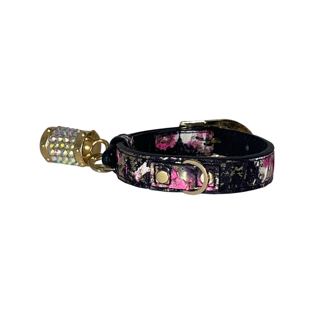 Allysa Payne XS 7"-14" Black/Pink/Gold Custom Snake Dog Collar/Custom Gold Italian Hardware. Including Swarovski Charm, and Pearl