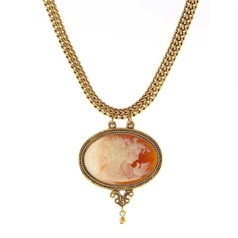 1928 Jewelry Antiquities Couture Carnelian Red Cameo Twin Muse and Bird Pendant Necklace 17 Inch