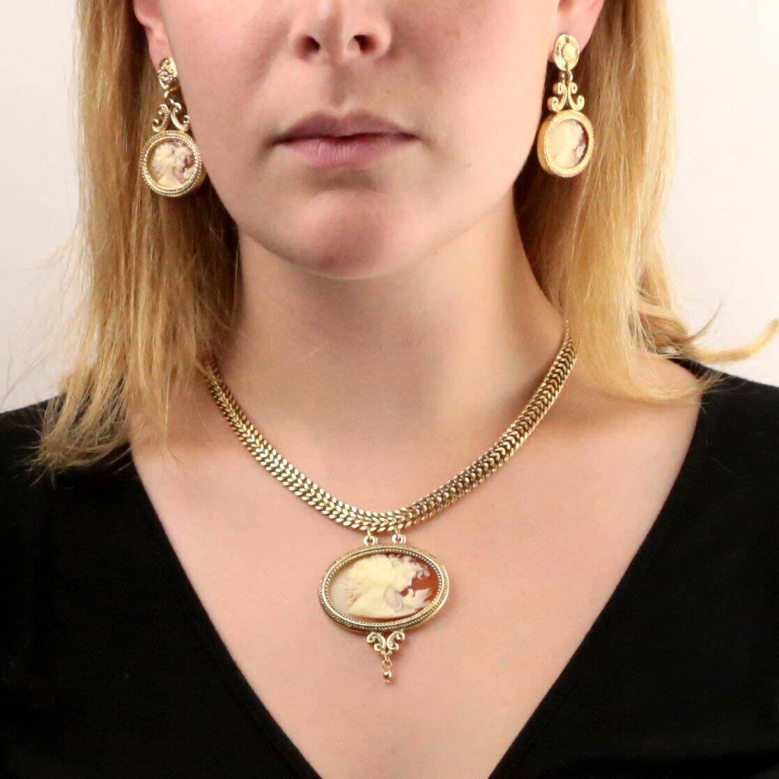 1928 Jewelry Antiquities Couture Carnelian Red Cameo Twin Muse and Bird Pendant Necklace 17 Inch