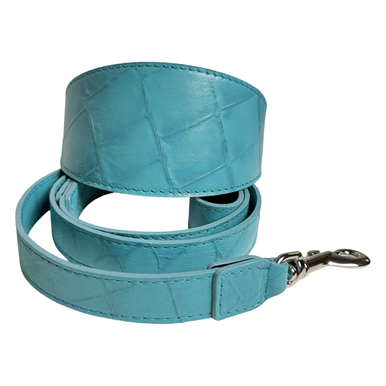 Allysa Payne The Tiffany Collection Turquoise Blue Embossed Croc Italian Leather 3-Inch Wide Style Dog Collar, With Silver Hardware
