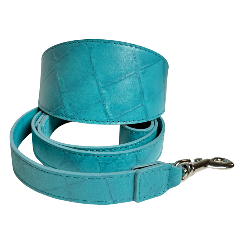 Allysa Payne The Tiffany Collection Turquoise Blue Embossed Croc Italian Leather 3-Inch Wide Style Dog Collar, With Silver Hardware