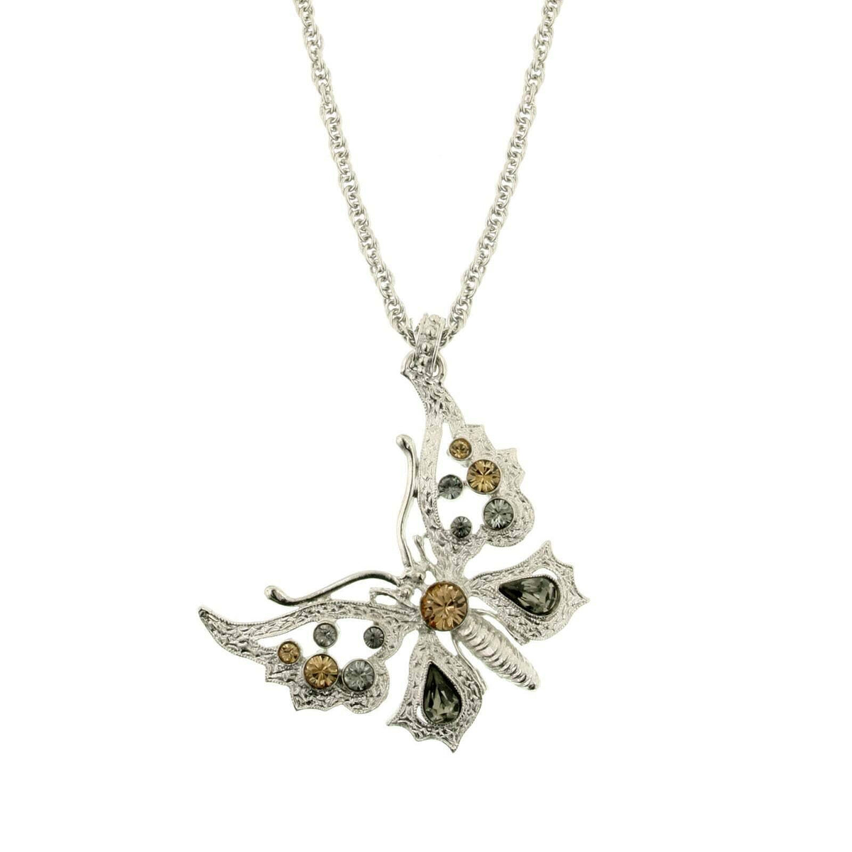 1928 Jewelry Ornate Multi Crystal Butterfly Pendant Necklace 16 Inch with 3 Inch Extender