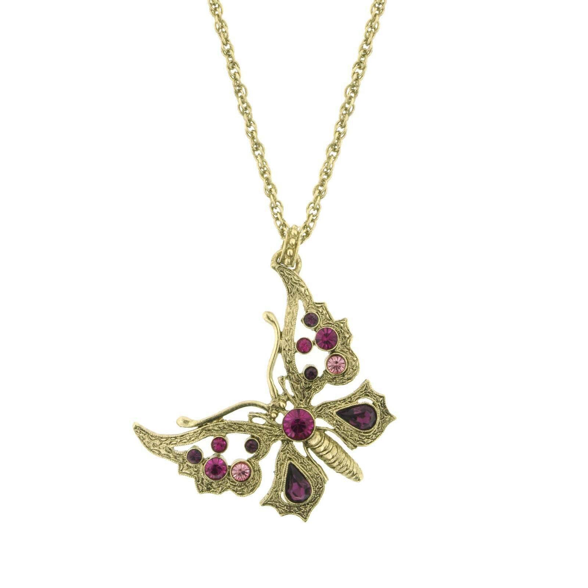 1928 Jewelry Ornate Multi Crystal Butterfly Pendant Necklace 16 Inch with 3 Inch Extender