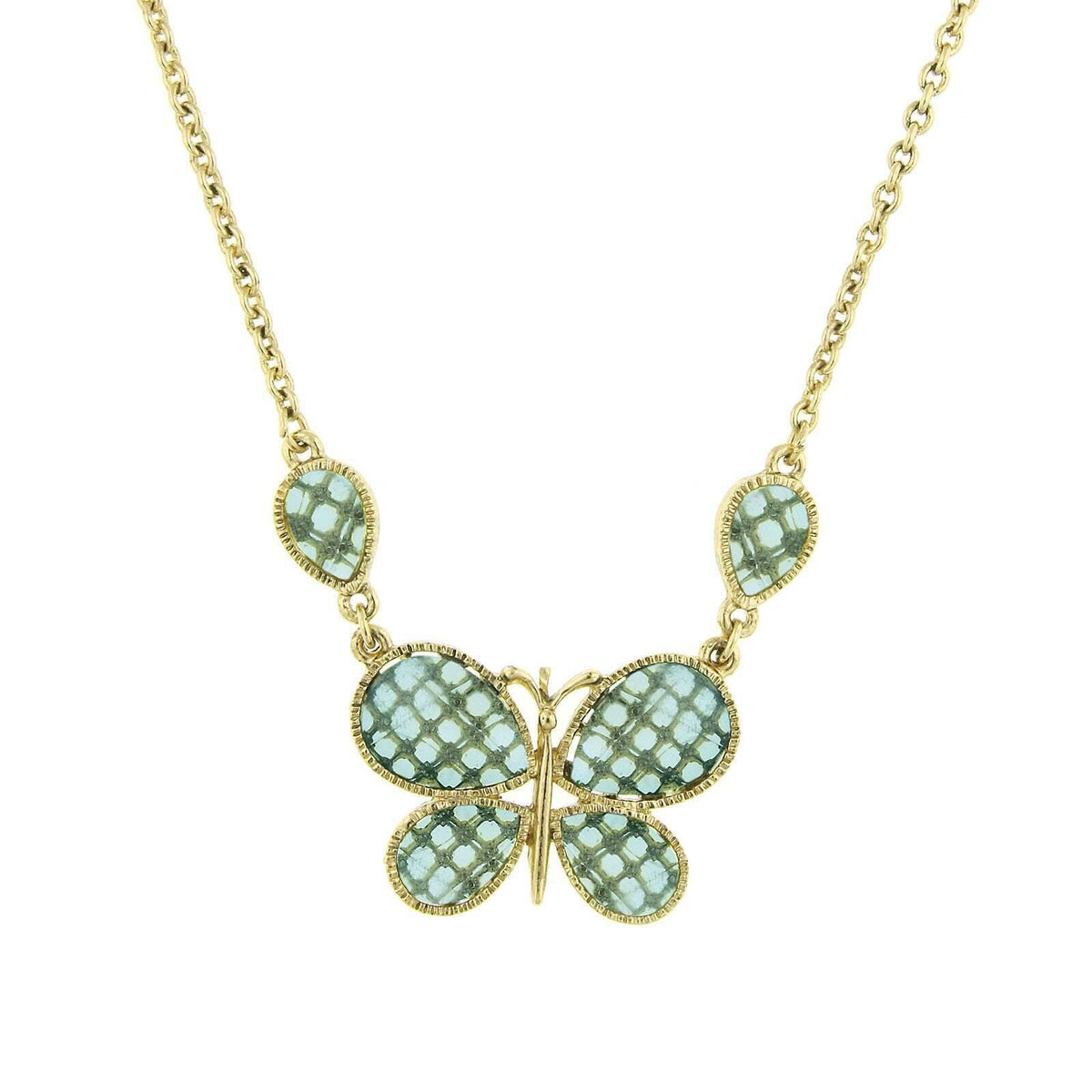 1928 Jewelry Light Aqua Blue Faceted Butterfly Pendant Necklace 16 Inch with 3 Inch Extender