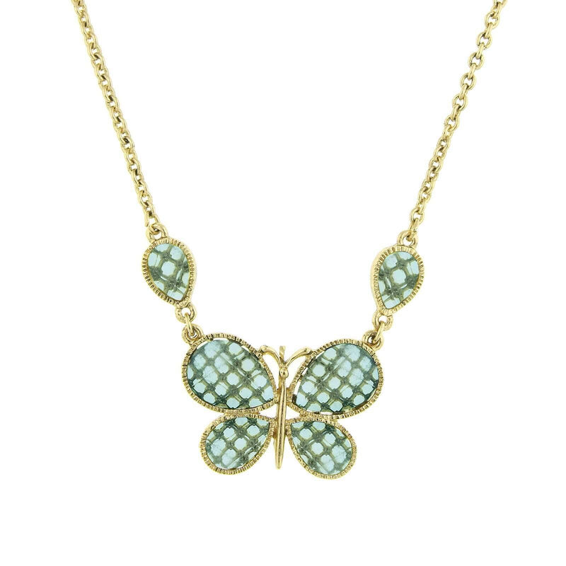 1928 Jewelry Light Aqua Blue Faceted Butterfly Pendant Necklace 16 Inch with 3 Inch Extender