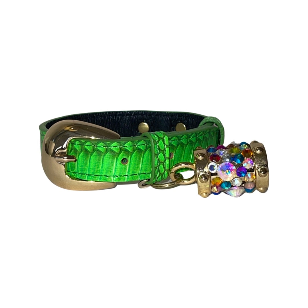 Allysa Payne XS/S 7"-14" Neon Green Custom Snake Dog Collar/Custom Gold Oval Italian Hardware & Swarovski Crystal Charm