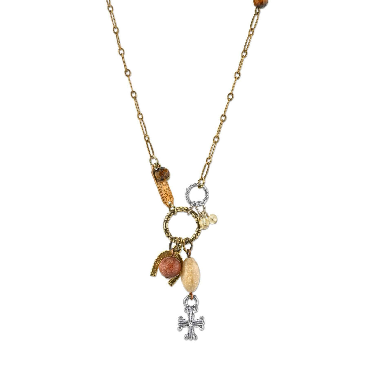 1928 Jewelry Talisman Of Tenacity With Horseshoe Cross And Gemstone Beads Necklace 30 Inch