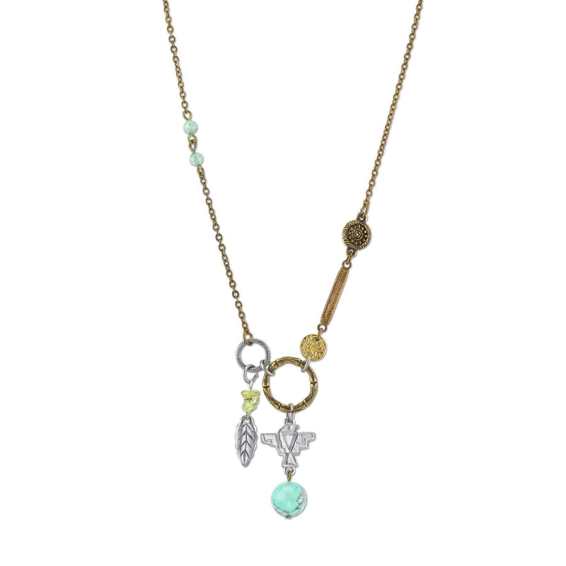 1928 Jewelry Talisman Of Loyalty With Leaf, Thunderbird And Gemstone Beads Pendant Necklace 30 Inch