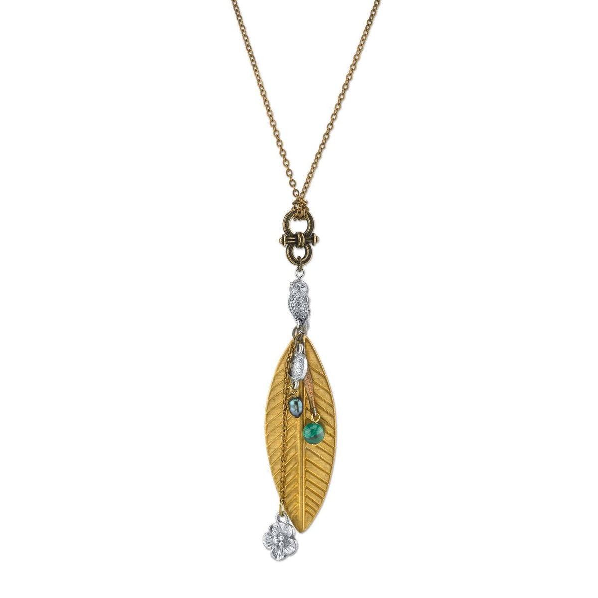 1928 Jewelry Talisman Of Kindness Bird, Flower, Leaf And Gemstone Beads Pendant Necklace 30 Inch