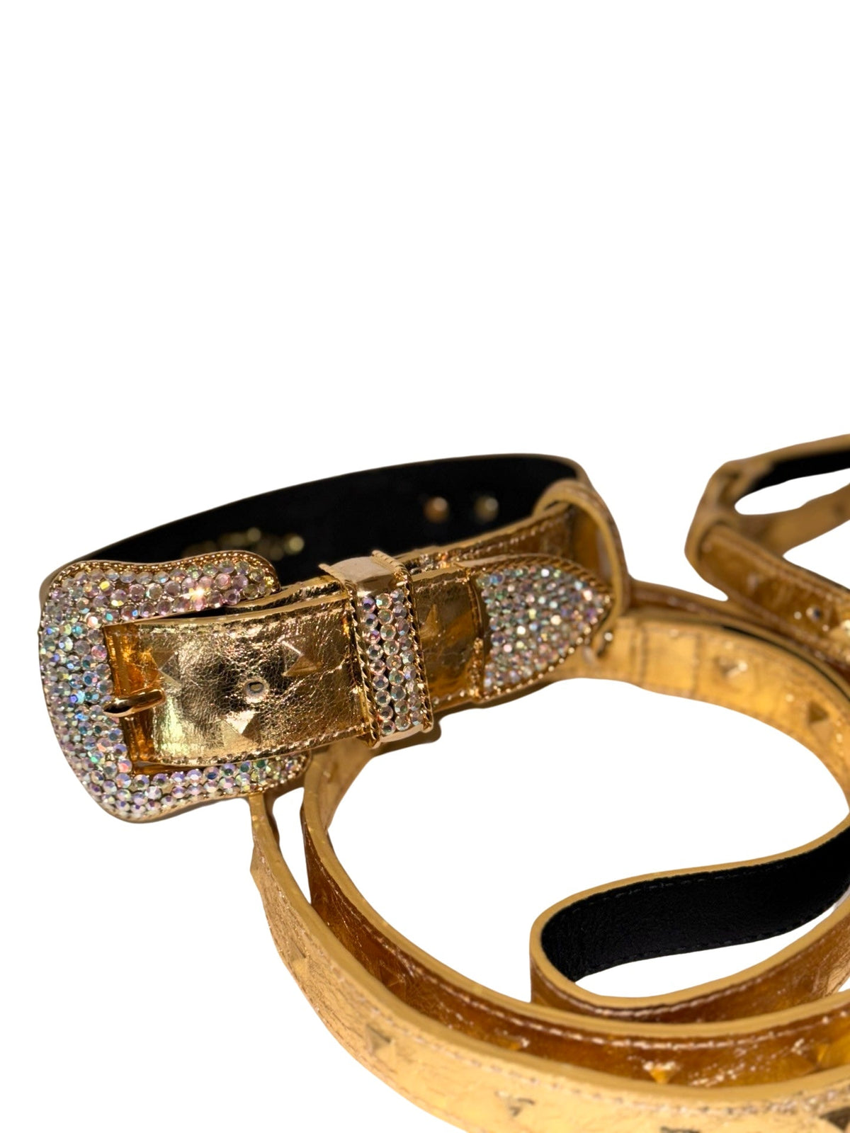 Allysa Payne Glam Gold Embossed Studded Italian Leather With Our Custom Swarovski Crystal Buckle Dog Collar, Leash & Harness Set