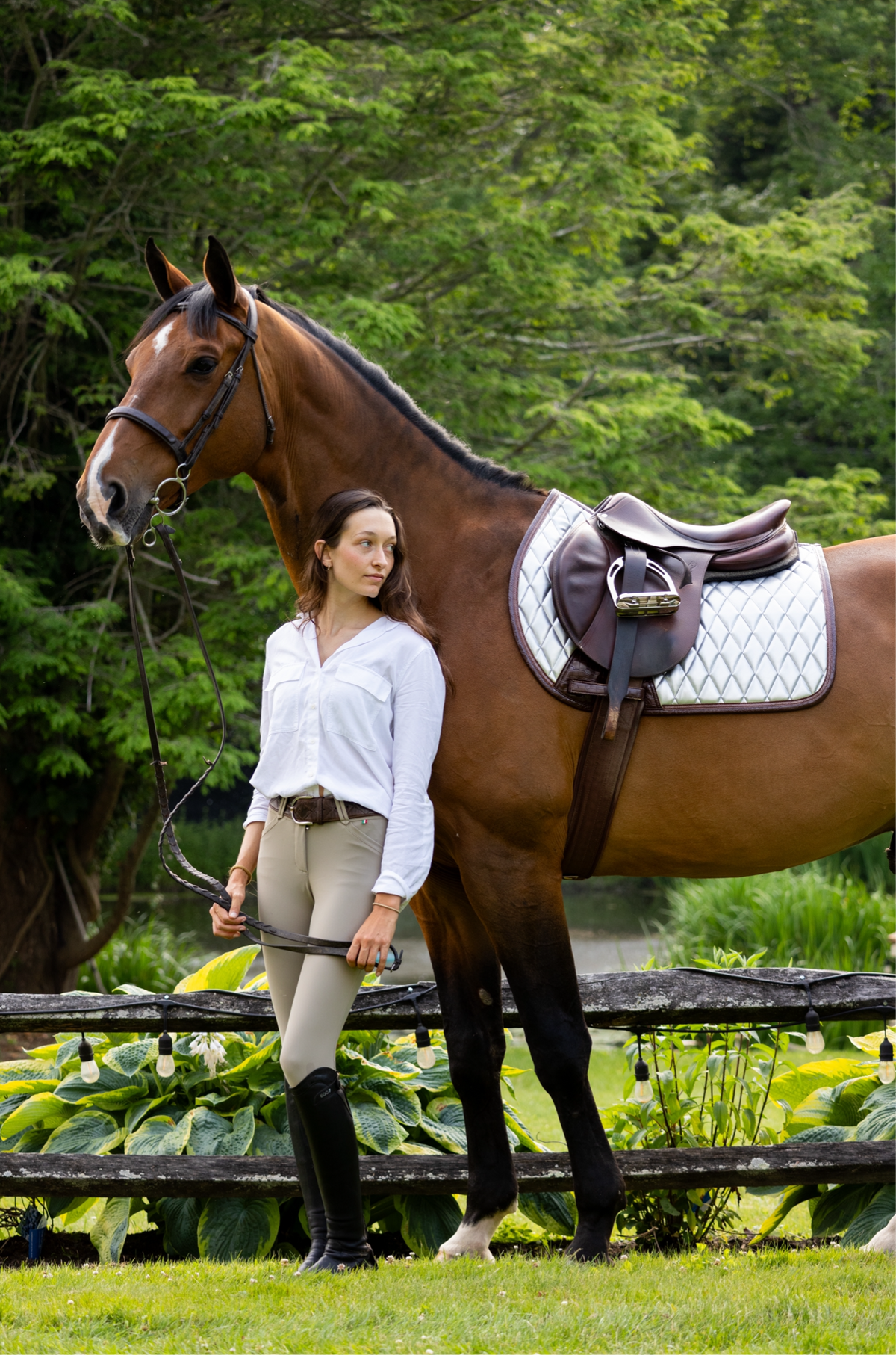 San Eligius chrome quilted jump saddle pad with brown crocodile piping, back view
