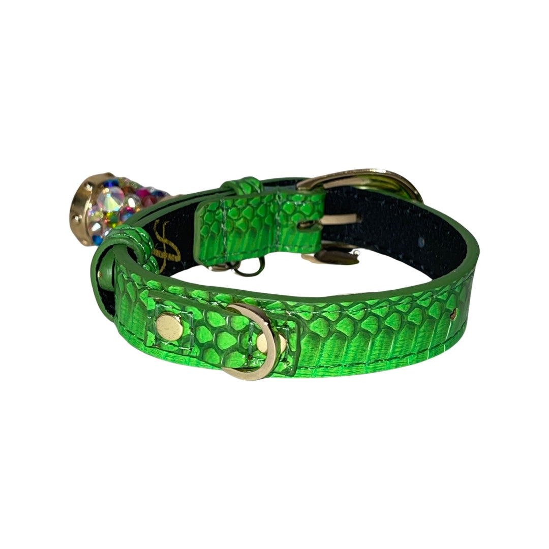 Allysa Payne XS/S 7"-14" Neon Green Custom Snake Dog Collar/Custom Gold Oval Italian Hardware & Swarovski Crystal Charm