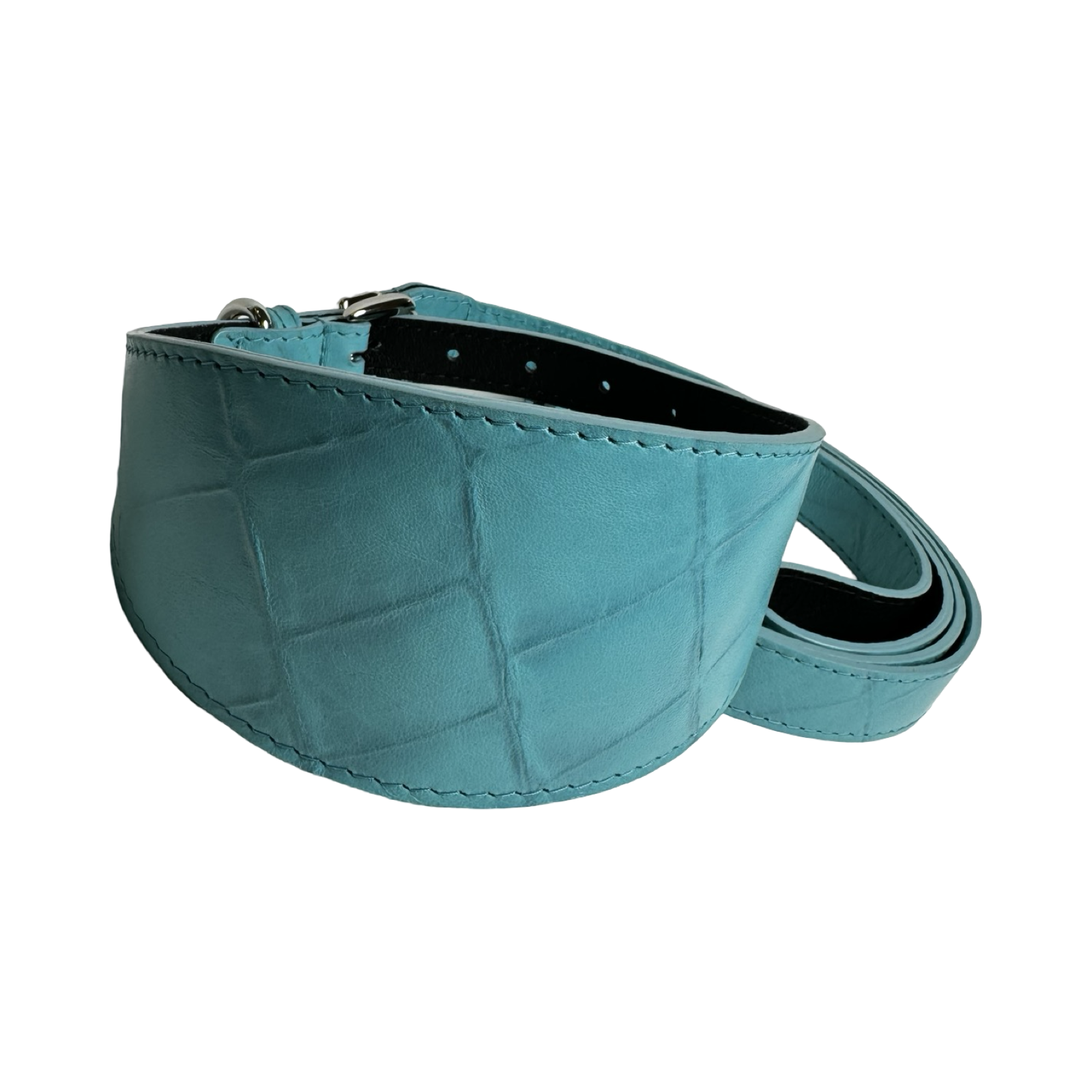 Allysa Payne The Tiffany Collection Turquoise Blue Embossed Croc Italian Leather 3-Inch Wide Style Dog Collar, With Silver Hardware