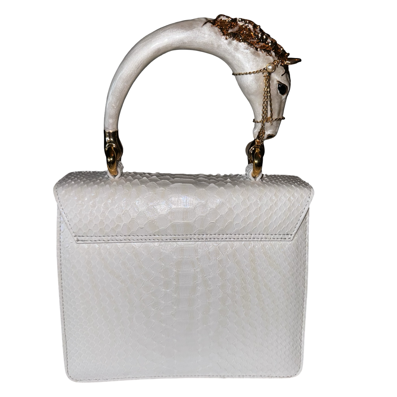 Allysa Payne Cosmo Horse Handle Handbag In Iridescent White Python