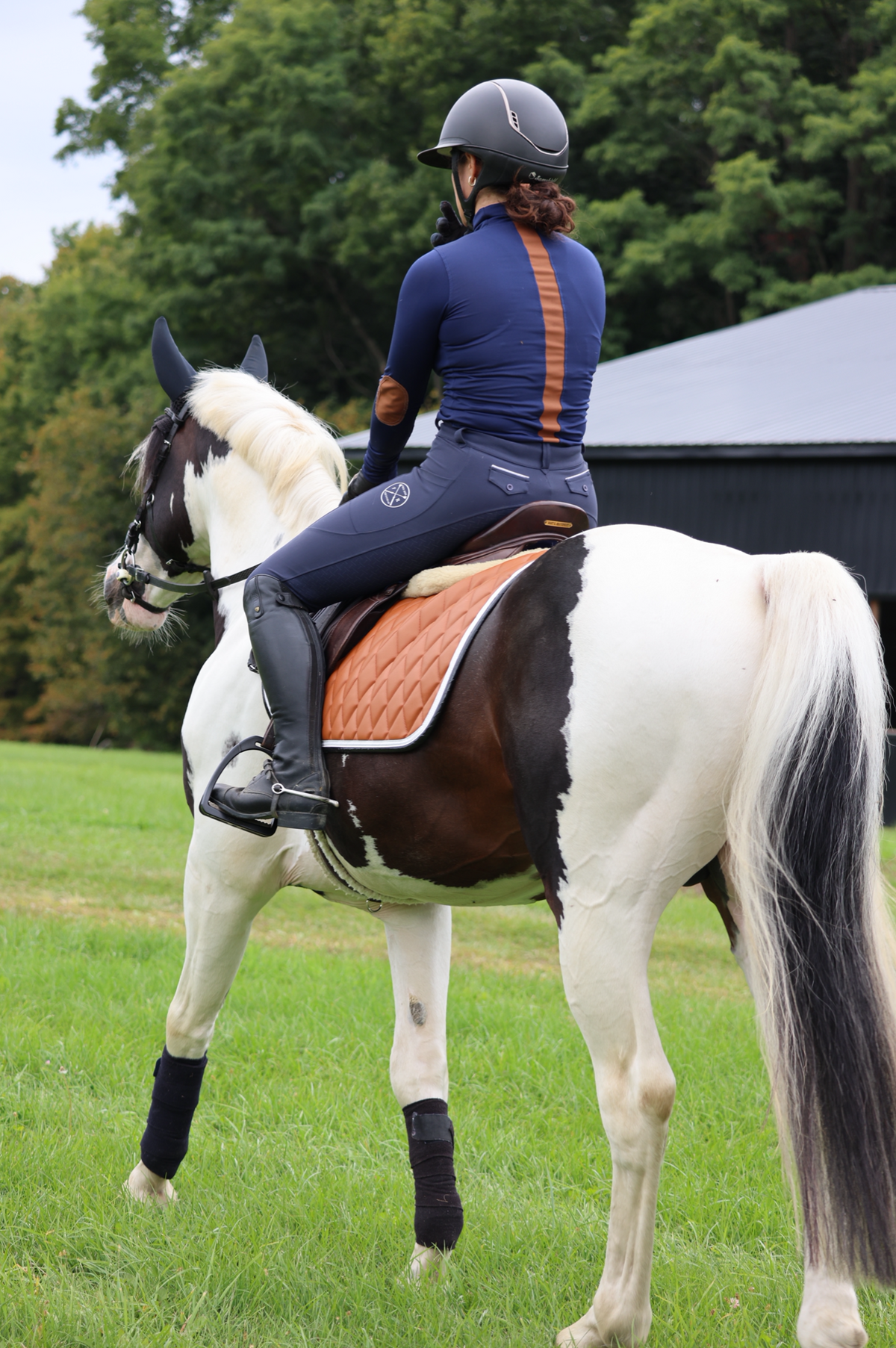 San Eligius navy Blair riding top, turtleneck with elbow patches, elbow patch close-up